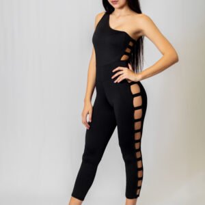 Azabache Catsuit de Un Hombro y Aberturas Laterales en Microfibra con Lycra